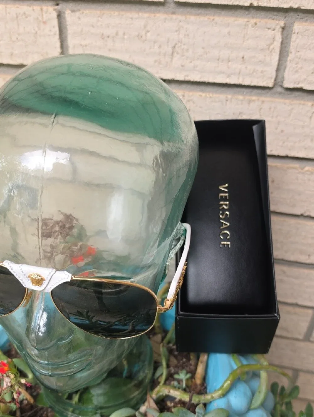 Versace Gold Frame Sunglasses with White Brow and Dark Lenses